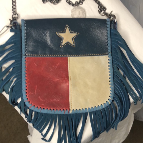 P&G Texas flag genuine leather red, cream, and blue crossbody with fringes. - Picture 11 of 16